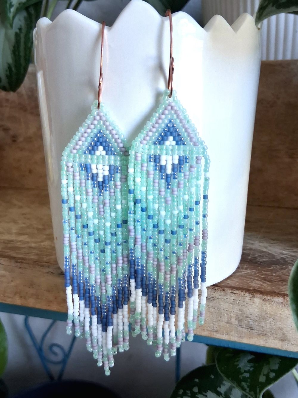 Mint & Blue Beaded Fringe Statement Earrings, 5"